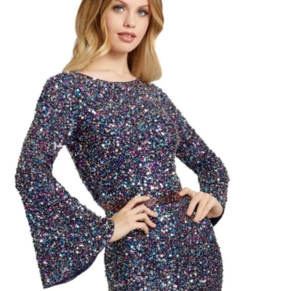 MAC DUGGAL 5014 MULTU COLOR SEQUINED LONG BELL SLEEVE GOWN sz 10 - Picture 4 of 7